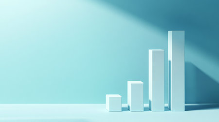 A visually striking minimalist arrangement of geometric shapes depicting growth, with four white bars increasing in height against a soft blue background.の素材