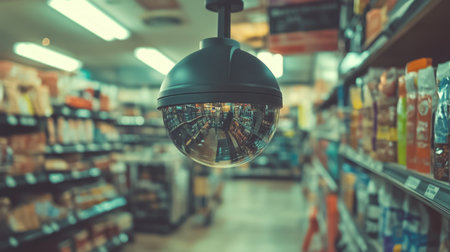 A close-up view of a surveillance camera located in a grocery store aisle, capturing reflections of shelves stocked with various products for shoppers.の素材