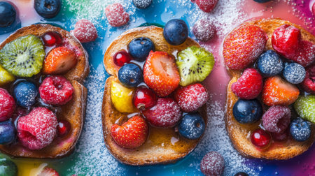 A vibrant image showcasing delicious fruit toast topped with kiwi, strawberries, and berries. Perfect for breakfast, desserts, or healthy snacks on a colorful background.の素材