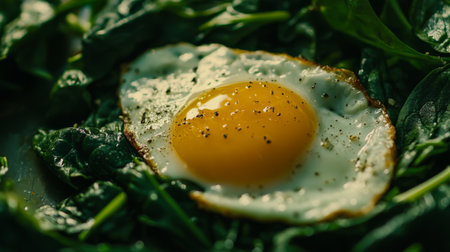 A vibrant fried egg rests atop fresh spinach leaves, showcasing a healthy and delicious meal option. Perfect for nutritious breakfast or light snack.の素材