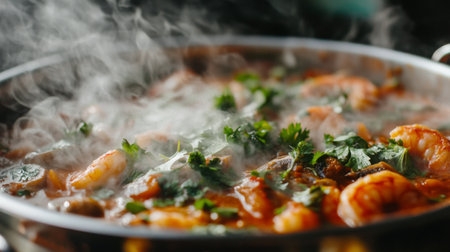 This captivating image showcases a steaming shrimp dish enriched with vibrant herbs and spices, perfect for food enthusiasts and culinary artists alike.の素材