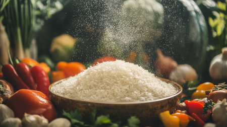 A vibrant display of fresh white rice in a bowl, surrounded by an array of colorful vegetables, showcasing a feast for healthy cooking and meal preparation.の素材