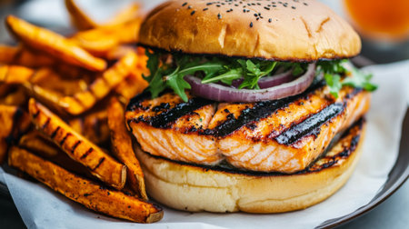 A mouthwatering grilled salmon burger served with crispy sweet potato fries. Fresh lettuce and onion enhance the rich flavors, perfect for any meal.の素材
