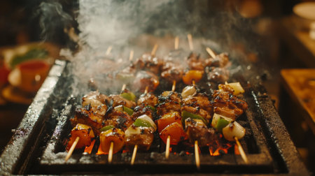 A vibrant scene showcasing grilled skewers with meat and vegetables sizzling over charcoal flames. This mouthwatering image captures the essence of outdoor cooking and delicious BBQ flavors.の素材