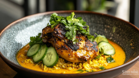 A vibrant plate featuring grilled chicken topped with fresh herbs and served over rice, garnished with cucumber and aromatic sauce, perfect for food lovers.の素材