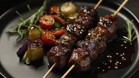 A mouthwatering image of grilled beef skewers served with vibrant vegetables. Captures delicious culinary artistry perfect for food lovers and chefs.の素材