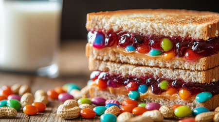 A vibrant and playful peanut butter and jelly sandwich filled with colorful candy and served with a glass of milk on a rustic wooden table.の素材