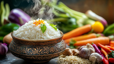A beautifully arranged bowl of freshly cooked rice topped with herbs, surrounded by colorful vegetables and spices, showcasing vibrant and healthy culinary options.の素材
