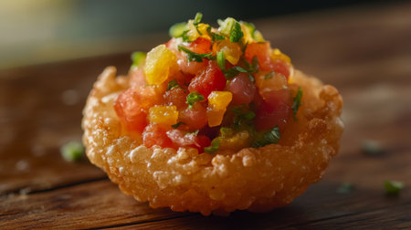 Delight in this crispy shell filled with vibrant fresh salsa, perfect as an appetizer or snack. Great for parties, gatherings, or culinary inspiration.の素材