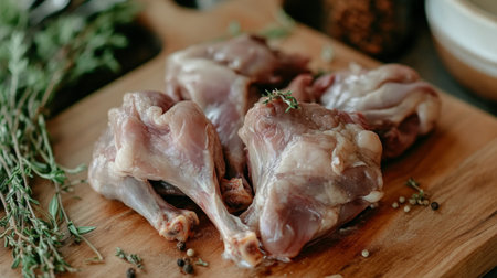 A close-up view of fresh raw poultry cuts on a wooden board, surrounded by herbs and spices, perfect for showcasing food preparation and culinary art.の素材