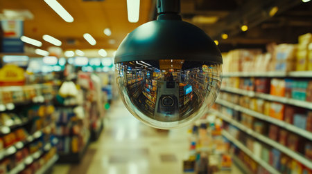 A close-up view of a surveillance camera hanging in a supermarket aisle, capturing reflections of colorful products and shoppers. The scene highlights security in retail spaces.の素材
