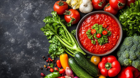 A visually appealing arrangement of fresh vegetables surrounding a bowl of rich tomato sauce. Perfect for culinary inspiration, healthy meals, and vibrant recipes.の素材