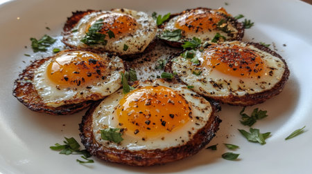 A tempting arrangement of fried eggs with golden yolks and crispy edges, garnished with fresh herbs. Perfect for breakfast or brunch occasions.の素材