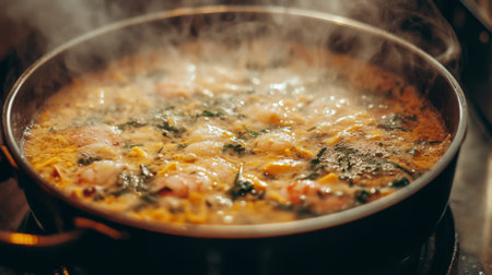 A close-up view of a flavorful soup simmering in a pot, showcasing fresh ingredients and aromatic herbs. The steam rises, enhancing the inviting atmosphere of the kitchen.の素材