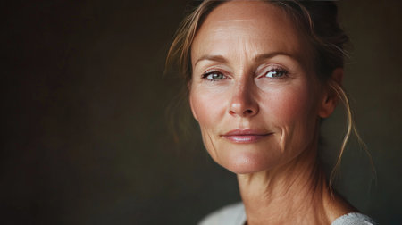 An artistic portrait of a -year-old woman with minimal makeup, highlighting the natural beauty and texture of her skin, with soft, diffused lighting.の素材