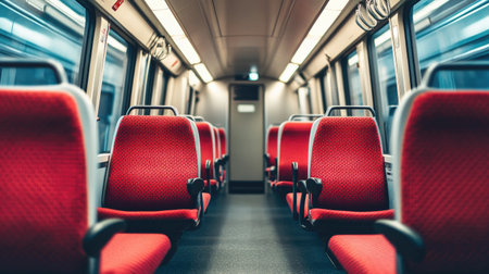 An interior view of a modern train carriage, featuring comfortable seating and clean design, illustrating the convenience and comfort of contemporary rail travel.の素材
