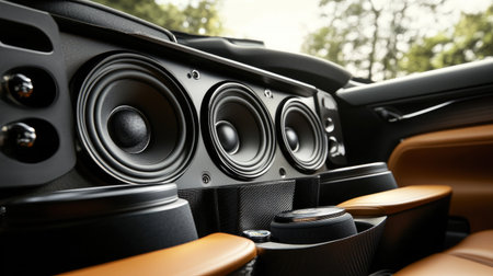 An image of a car's audio system with removable speaker covers, showing the speakers in their various configurations and the versatility of the setup.の素材