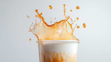 An artistic shot of a milk tea drink with a splash of tea or milk, capturing the dynamic motion and textures of the beverage against a clean, white backdrop.の素材