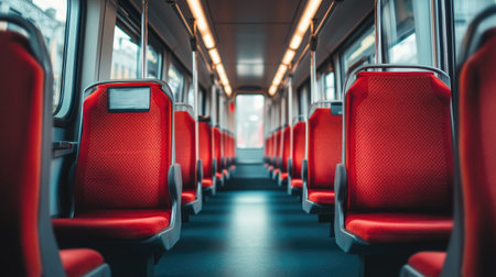 An interior view of a modern train carriage, featuring comfortable seating and clean design, illustrating the convenience and comfort of contemporary rail travel.の素材