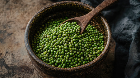 A bowl filled with fresh green beans and a rustic wooden spoon, with a focus on the vibrant color and texture of the beans against a simple, natural background.の素材