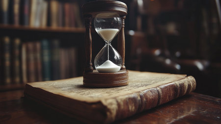 An hourglass placed on an old book with worn pages, surrounded by a cozy, vintage setting with dim lighting, evoking a sense of timelessness and nostalgia.の素材