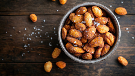 A bowl of roasted almonds with a sprinkle of sea salt, placed on a rustic wooden table, with a focus on their golden-brown color and crunchy texture.の素材