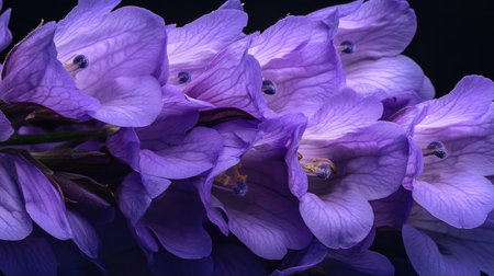 A close-up of a cluster of purple lavender flowers, highlighting their fine details and rich color, with a gentle breeze causing a slight motion in the petals.の素材