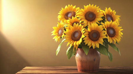 A bouquet of sunflowers arranged in a rustic vase, with bright yellow blooms contrasting against a wooden table and a simple, natural background.の素材