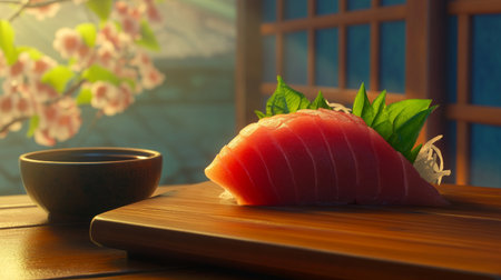 A beautifully presented sushi slice of fresh tuna on a wooden board, garnished with vibrant green leaves, set against a serene Japanese backdrop with blossoms.の素材