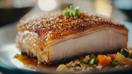 A mouth-watering display of crispy pork belly plated with vibrant vegetables. This gourmet dish showcases succulent meat and rich flavors, perfect for any meal.の素材