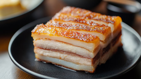A close-up of a mouthwatering layered pork belly dish showcasing crispy fat and juicy meat, perfect for gourmet dining or culinary inspiration.の素材