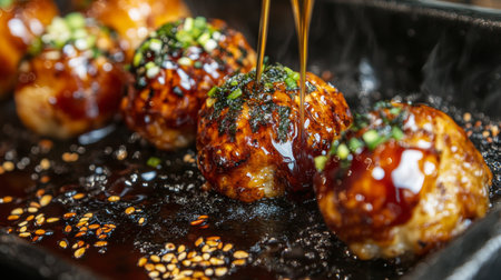 Juicy grilled meatballs glazed with rich sauce, topped with fresh herbs and sesame seeds. An appetizing dish perfect for dining experiences or catering events.の素材