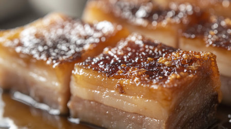 Close-up of crispy pork belly with a beautifully caramelized glaze. This gourmet dish highlights rich textures and flavors, perfect for culinary enthusiasts.の素材