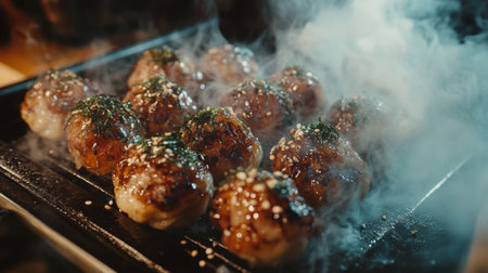 Capture the essence of Japanese street food with these grilled takoyaki balls. The dish features a smoky aroma, rich flavors, and vibrant garnish. Perfect for food lovers!の素材