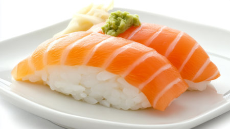 Indulge in this vibrant salmon sushi served with wasabi and pickled ginger. A delightful gourmet experience showcasing fresh ingredients and culinary art.の素材