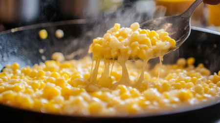 An enticing close-up of creamy corn being stirred in a hot frying pan, with steam rising, showcasing the delightful cooking process and delicious texture.の素材