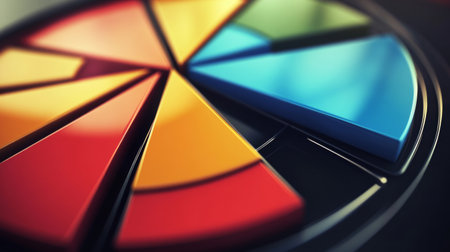 Vibrant pie chart segments in a dynamic arrangement, highlighting colorful slices. This graphic is perfect for presentations, business reports, or data analysis.の素材