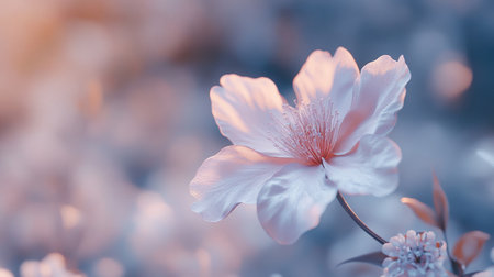 A close-up of a single cherry blossom flower with its soft pink petals and intricate details, set against a blurred background of blooming sakura trees.の素材