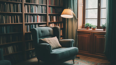 A cozy reading nook featuring a vintage armchair, surrounded by a well-stocked bookshelf. The warm light from the lamp creates a tranquil atmosphere for relaxation.の素材