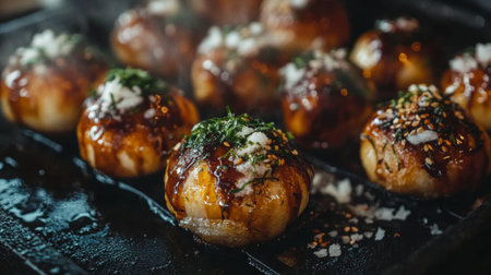 A tempting shot of grilled takoyaki served with savory sauce, garnished with scallions and sesame seeds, showcasing the rich textures and flavors of Japanese street food.の素材