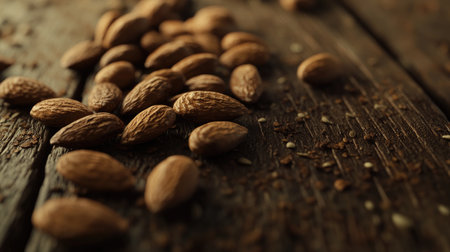 A close-up of raw almonds scattered on a wooden surface, highlighting their textured skin and natural color, with soft lighting emphasizing their freshness.の素材