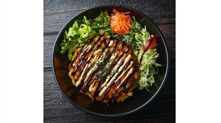 Enjoy the vibrant layers of this Japanese okonomiyaki, served with a side of fresh vegetables and a drizzle of savory sauce, perfect for a delicious meal.の素材
