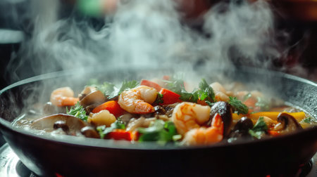 A close-up of a steaming bowl of Tom Yum Goong, with shrimp, mushrooms, and herbs in a flavorful broth, showcasing the vibrant colors and textures of the dish.の素材