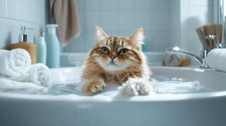 A fluffy cat relaxes in a stylish bathtub, surrounded by soft towels and bathing products, enjoying a serene moment of pampering and playful splashes.の素材