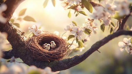 A close-up shot of a nest with tiny birds peeking out, resting on a thick branch of a tree, surrounded by blooming flowers and bright sunlight.の素材