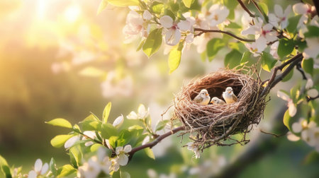 A close-up shot of a nest with tiny birds peeking out, resting on a thick branch of a tree, surrounded by blooming flowers and bright sunlight.の素材