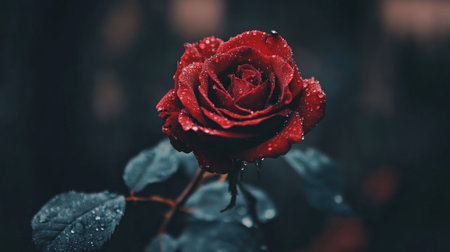 A close-up of a vibrant red rose with dew drops on its petals, showcasing the intricate details and textures of the flower against a soft blurred background.の素材