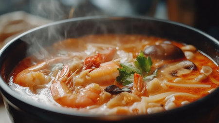 A close-up of a steaming bowl of Tom Yum Goong, with shrimp, mushrooms, and herbs in a flavorful broth, showcasing the vibrant colors and textures of the dish.の素材