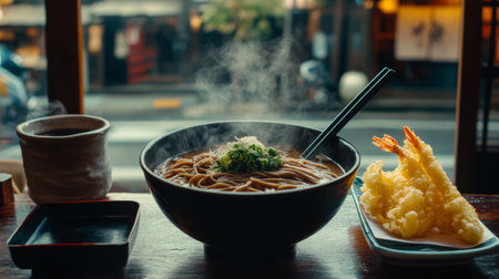 A steaming bowl of delicious noodles garnished with green onions, accompanied by crispy tempura, creates a comforting and flavorful dining experience.の素材