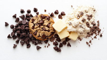 A creative arrangement of cookie ingredients like chocolate chips, flour, and butter, spread out on a white background to showcase the components of baking.の素材